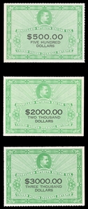 United States - Revenue Stamps Distilled Spirits Excise Tax (RX40/44) 1952 $500, $2,000 and $3,000, three different, unused without gum as issued, fine-v.f., each with 2014 PSE cert., cat. $1,650