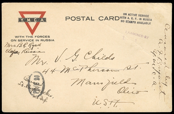 United States Expeditionary Force in North Russia 1918 YMCA card (Christmas greetings) to Mansfield, Ohio, printed "With the Forces on Service in Russia", handstamped "On Active Service with...