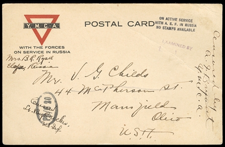 United States Expeditionary Force in North Russia 1918 YMCA card (Christmas greetings) to Mansfield, Ohio, printed "With the Forces on Service in Russia", handstamped "On Active Service with...