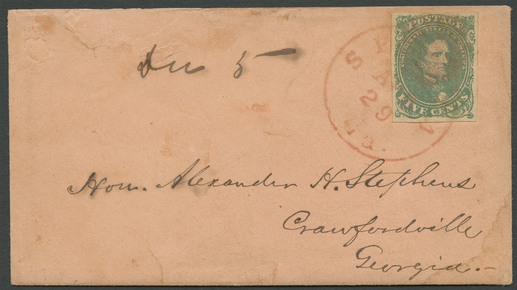 CONFEDERATE STATES OF AMERICA General Issues (1) 1861 5c green, single tied by red "Aug 29 Sparta, Ga" cds on cover addressed to Confederate Vice President Hon. Alexander H. Stephens in...