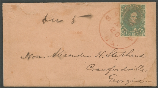 CONFEDERATE STATES OF AMERICA General Issues (1) 1861 5c green, single tied by red "Aug 29 Sparta, Ga" cds on cover addressed to Confederate Vice President Hon. Alexander H. Stephens in...