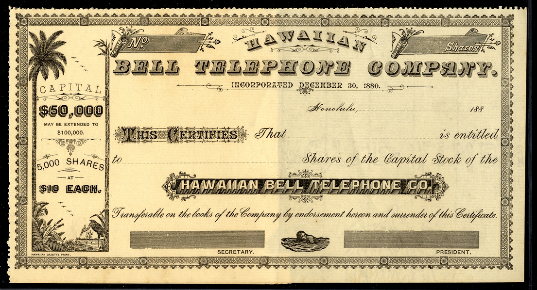 UNITED STATES POSSESSIONS Hawaii 1880 unused stock certificate for the Hawaiian Bell Telephone Co., the amount of shares left blank, v.f.