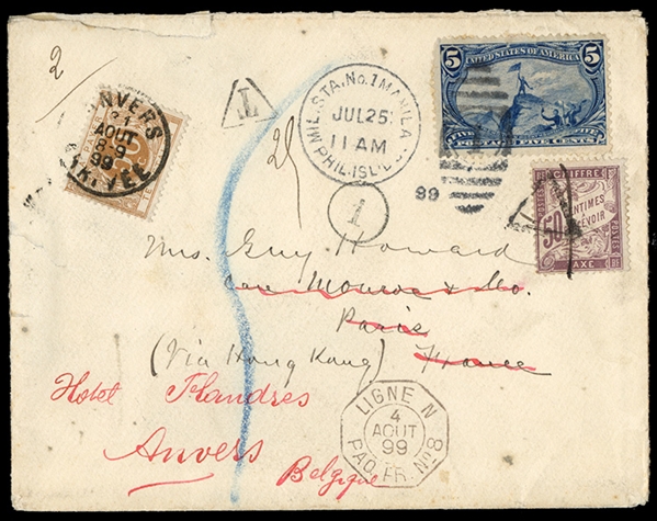 UNITED STATES POSSESSIONS Philippines 1899 (25 July) cover ("Quartermasters Department U.S.A. Transport Sheridan" backflap imprint) franked with 5c Trans-Mississippi, duplex cancel with...