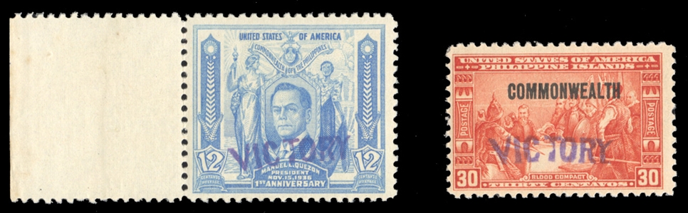UNITED STATES POSSESSIONS Philippines (475,482) 1945 Victory handstamps in violet, 12c ultramarine (Quezo), sheet margin single, n.h., 30c orange red ("Commonwealth" overprint), n.h. but dried gum...