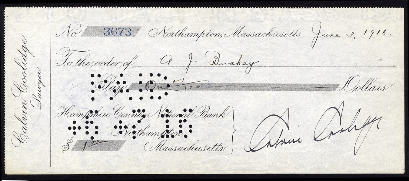 AUTOGRAPHS OF FAMOUS PEOPLE  COOLIDGE, Calvin (1872-1933) 30th President of the United States, attractive partly printed check, dated June 3, 1916, payable to A.J. Bushey for "one dollar", v.f.