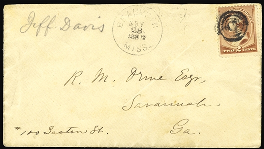 AUTOGRAPHS OF FAMOUS PEOPLE DAVIS, Jefferson (1808-1889) president of the Confederate States of America, ALS endorsed "personal", from Beauvoir, Miss., dated Nov.24, 1887 to R.M.Orne "accept...