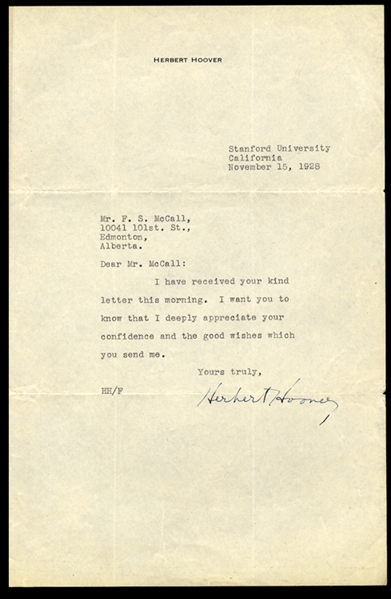 AUTOGRAPHS OF FAMOUS PEOPLE HOOVER, Herbert (1874-1964) U.S. President, partly printed letterhead "Herbert Hoover", dated 15 November, 1928 Stanford University, Calif. and signed "Herbert...