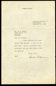 AUTOGRAPHS OF FAMOUS PEOPLE HOOVER, Herbert (1874-1964) U.S. President, partly printed letterhead "Herbert Hoover", dated 15 November, 1928 Stanford University, Calif. and signed "Herbert...