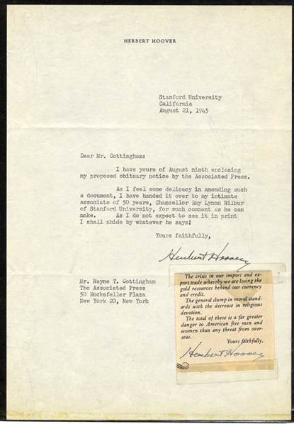 AUTOGRAPHS OF FAMOUS PEOPLE  HOOVER, Herbert (1874-1964) U.S. President, partly printed letterhead "Herbert Hoover", dated Aug. 21, 1945 Stanford University, Calif. and signed "Herbert...