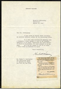 AUTOGRAPHS OF FAMOUS PEOPLE  HOOVER, Herbert (1874-1964) U.S. President, partly printed letterhead "Herbert Hoover", dated Aug. 21, 1945 Stanford University, Calif. and signed "Herbert...