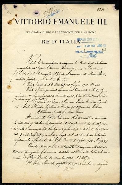 AUTOGRAPHS OF FAMOUS PEOPLE MUSSOLINI, Benito (1883-1943), document headed "Vittorio Emanuele III", dated 15 Jan 1929, signed by the King, also by Mussolini at bottom, fine-v.f.