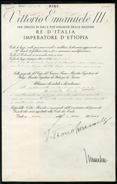 AUTOGRAPHS OF FAMOUS PEOPLE MUSSOLINI, Benito (1883-1943), document headed "Vittorio Emanuele III - King of Italy and Ethiopia", dated 4 March, 1937, signed by the King, also by Mussolini at...
