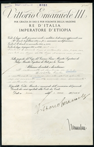 AUTOGRAPHS OF FAMOUS PEOPLE MUSSOLINI, Benito (1883-1943), document headed "Vittorio Emanuele III - King of Italy and Ethiopia", dated 4 March, 1937, signed by the King, also by Mussolini at...