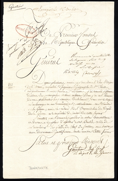 AUTOGRAPHS OF FAMOUS PEOPLE  NAPOLEON I (1769-1821) general and emperor of the French.  A military document, single page (200:320mm), headed "Du Premier Consul de La Republique Francaise",...