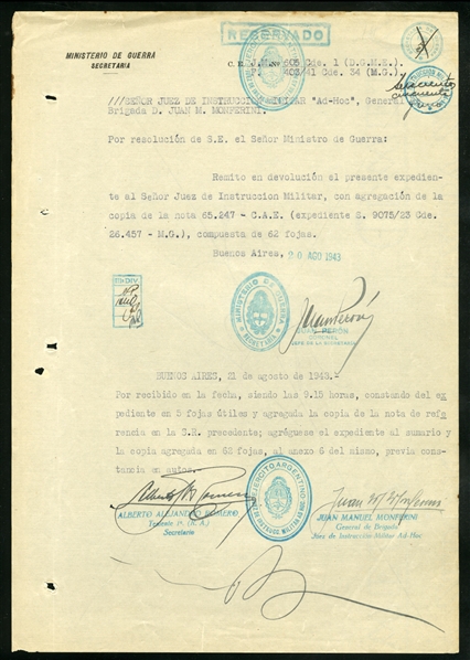 AUTOGRAPHS OF FAMOUS PEOPLE  PERON, Juan (1895-1974), Argentine lieutenant general and politician. After serving in several government positions, including Minister of Labor and Vice...