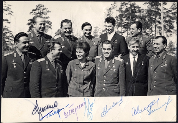 AUTOGRAPHS OF FAMOUS PEOPLE  SPACE.  A large black & white photograph of 10 early Soviet cosmonauts, signed by seven of them incl. Yuri Gagarin, Valentina Tereshkova, etc.