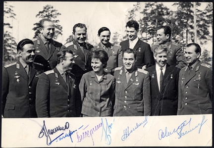 AUTOGRAPHS OF FAMOUS PEOPLE  SPACE.  A large black & white photograph of 10 early Soviet cosmonauts, signed by seven of them incl. Yuri Gagarin, Valentina Tereshkova, etc.