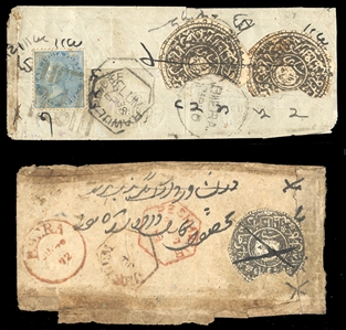 AFGHANISTAN 1872 two covers, each with Indian and native 1sh franking (cut to shape, each with pieces torn off as always, pen canceled), one cover with all stamps on back, showing Rawalpindi...