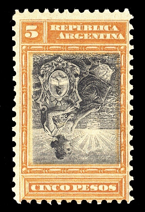 ARGENTINA  (140a) 1899 5p orange and black, center inverted, centered to top, heavy h.r., fine and rare, only 50 printed, cat. $2,750