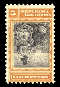 ARGENTINA  (140a) 1899 5p orange and black, center inverted, centered to top, heavy h.r., fine and rare, only 50 printed, cat. $2,750