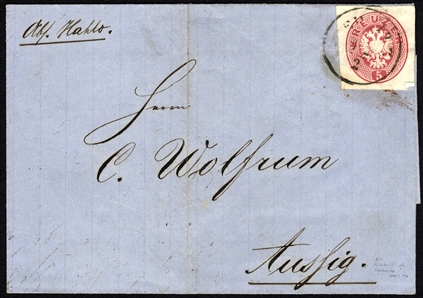 AUSTRIA 1864 (10 Feb) FL from Hannover to Aussig, franked with Austrian 5kr carmine, stationery cut square used as postage, fine and unusual item, with arrival pmk, signed Matl
