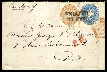 AUSTRIA (20,26) 1864 (31 Mar) cover to Paris franked with 10kr blue perf. 14, used in combination with 15kr brown perf. 9 1/2, tied by bold two line dated Sniatyn hs in black, and by red transit...