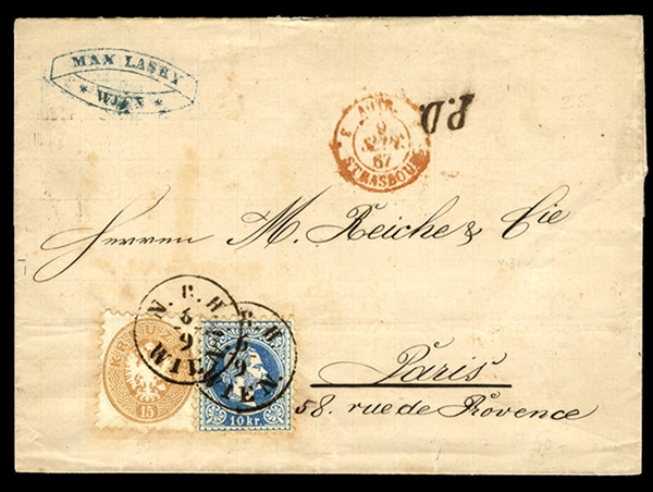 AUSTRIA 1867 (6 Sep) cover to Paris, France, franked with 1863 15kr, used in combination with 1867 10kr Coarse print, some toning, otherwise a handsome item with departure and arrival pmks on...