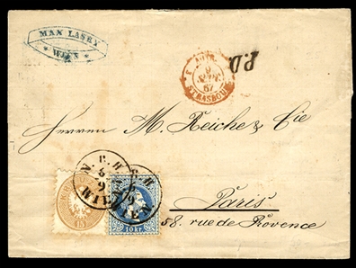 AUSTRIA 1867 (6 Sep) cover to Paris, France, franked with 1863 15kr, used in combination with 1867 10kr Coarse print, some toning, otherwise a handsome item with departure and arrival pmks on...