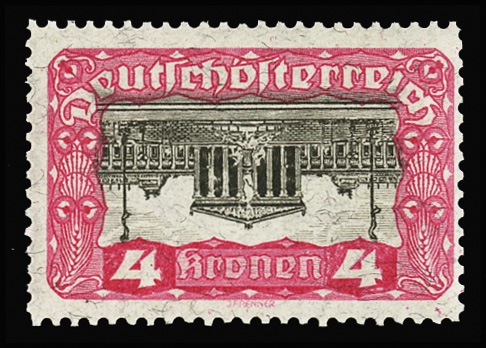 AUSTRIA (222a) 1919 Parliament 4k carmine & black, Center Inverted, n.h. and post office fresh, pencil signed, scarce unhinged (Mi.287K, Euro 3,000) cat. $2,750