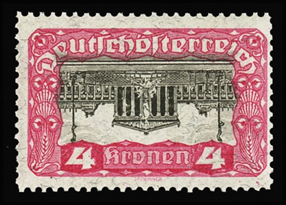 AUSTRIA (222a) 1919 Parliament 4k carmine & black, Center Inverted, n.h. and post office fresh, pencil signed, scarce unhinged (Mi.287K, Euro 3,000) cat. $2,750