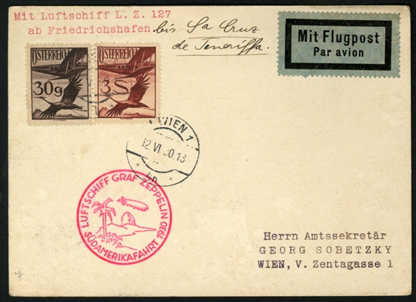 AUSTRIA  Zeppelin Flights 1930 South America Flight card, Cape Verde drop, with 21 May 30 cancel on back, fine and scarce