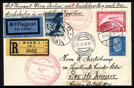 AUSTRIA  Zeppelin Flights 1932 3rd SAF card, mixed franking with Germany, fine and scarce card