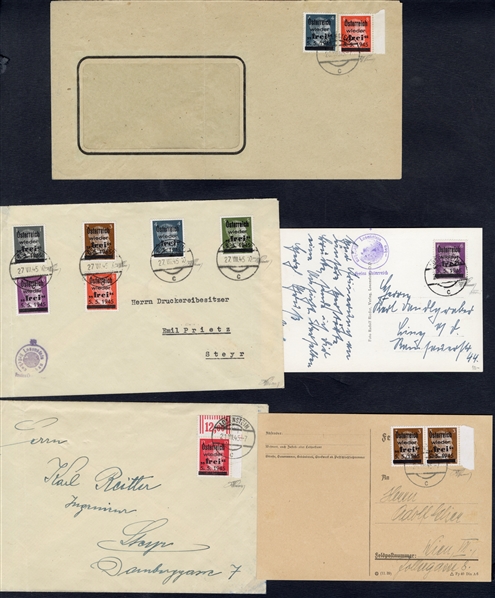AUSTRIA Austria - Post WWII Local Issues - Losenstein 1945 Type I (typographed), two cards and three covers (one legal size "window" envelope), franked with 12 overprinted stamps (seven...