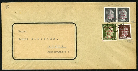 AUSTRIA Austria - Post WWII Local Issues - Steyr 1945 First Issue handstamped "Wir Sind Wieder Frei" in red, 1pf horizontal pair overprint inverted, also 10pf and 30pf, tied by Losenstein cds...