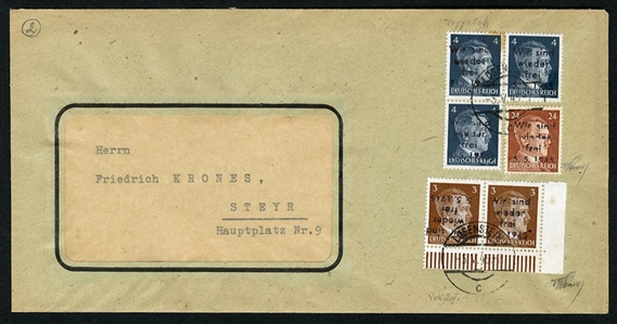 AUSTRIA Austria - Post WWII Local Issues - Steyr 1945 First Issue handstamped "Wir Sind Wieder Frei" in black, 4pf (3), 24pf and horizontal pair of 3pf, one with overprint inverted, tied by...