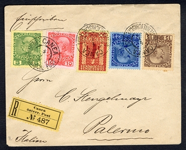 Austrian Offices in Crete 1909 (4 Jan) registered cover to Sicily, franked with 5c-50c Franz Josef Jubilee adhesives, tied by "Canea Osterr. Post" departure cds, with corresponding...