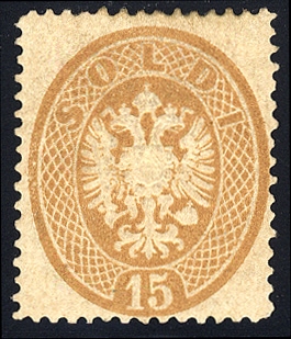 AUSTRIA Lombardy Venetia  (19) 1863 15s yellow brown, large part original gum, reperforated at bottom, gum creases, fine appearance, cat. $11,500