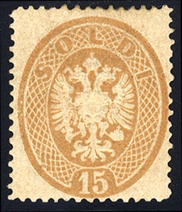 AUSTRIA Lombardy Venetia  (19) 1863 15s yellow brown, large part original gum, reperforated at bottom, gum creases, fine appearance, cat. $11,500