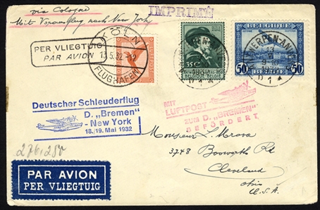 BELGIUM  Dornier Do-X Flights 1932 (18 May) "Bremen" to New York, blue cachet, mixed franking with German adhesives, fine-v.f., rare