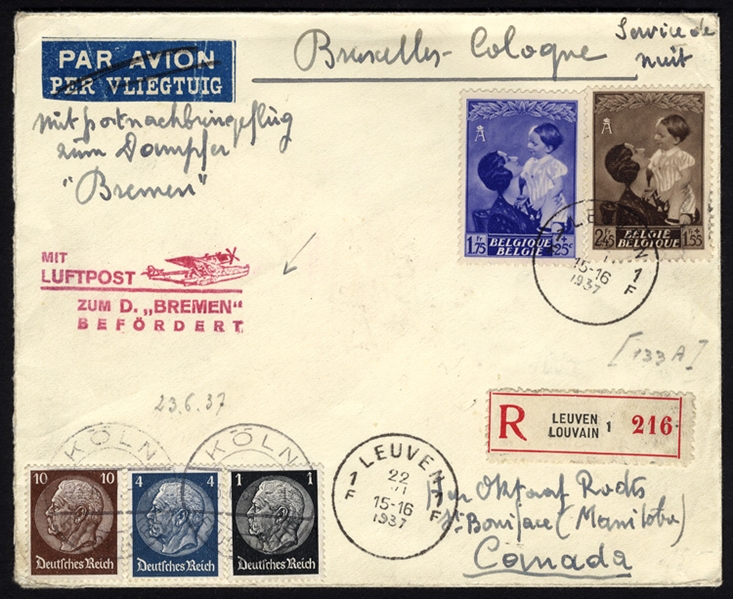 BELGIUM  Dornier Do-X Flights 1937 (22 June) "Bremen" to Canada, red cachet, mixed franking with German adhesives, with New York and Vancouver arrival markings, v.f. and rare