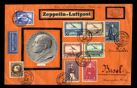BELGIUM  Zeppelin Flights 1930 Dortmund Flight, large cover attractively franked, used in combination with German 2M South America (C38) cancelled on board, fine and scarce flight
