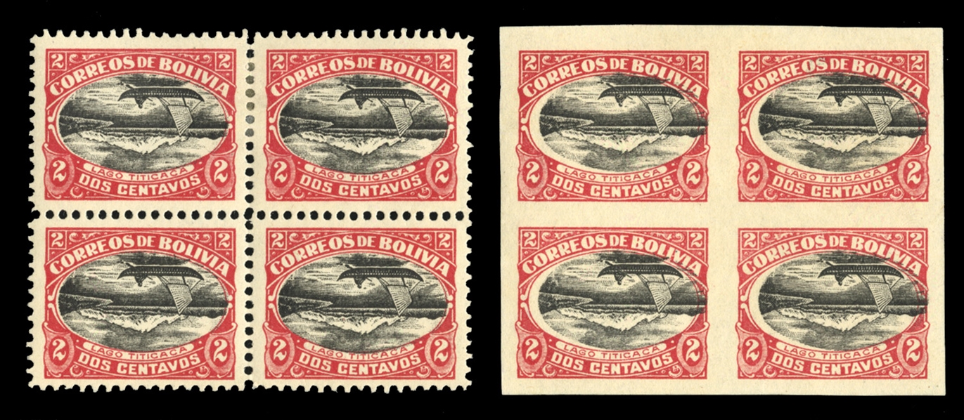 BOLIVIA (113c,113d) 1916 Lake Titicaca, 2c carmine and black, center inverted, perf. and imperf. blocks of four, h.r., v.f., cat. $1,600