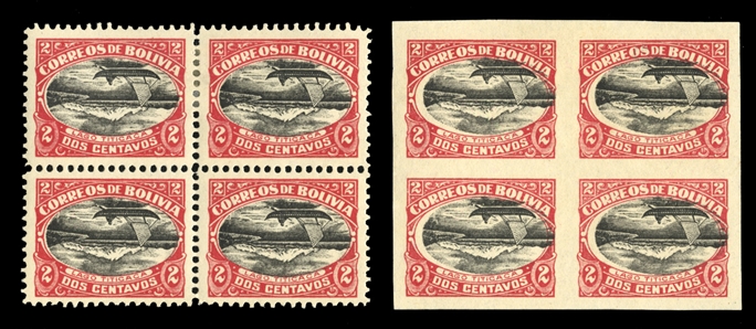 BOLIVIA (113c,113d) 1916 Lake Titicaca, 2c carmine and black, center inverted, perf. and imperf. blocks of four, h.r., v.f., cat. $1,600