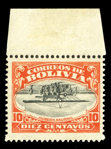 BOLIVIA  Air Post (C1a) 1924 Aviation School, 10c vermilion & black, center inverted, top sheet margin single, l.h., v.f., signed Sanabria. A rare stamp, only 50 (!) issued, cat. $3,250