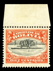 BOLIVIA  Air Post (C1a) 1924 Aviation School, 10c vermilion & black, center inverted, top sheet margin single, l.h., v.f., signed Sanabria. A rare stamp, only 50 (!) issued, cat. $3,250