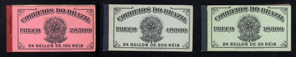 BRAZIL (176a,177b,178a) 1906 Issue, three different unexploded booklets, with 50r, 100r and 200r, glassine interleaving stuck to the stamps, fresh, fine-v.f.