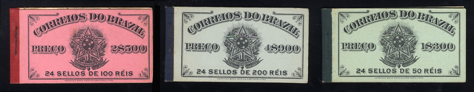 BRAZIL (176a,177b,178a) 1906 Issue, three different unexploded booklets, with 50r, 100r and 200r, glassine interleaving stuck to the stamps, fresh, fine-v.f.