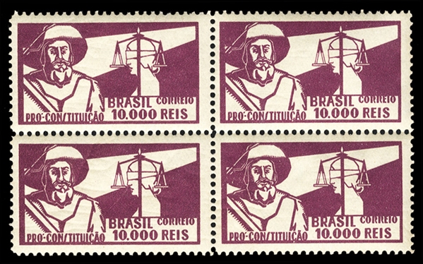 BRAZIL (364-374) 1932 Revolutionary Forces Issue, complete set, blocks of four, three high values n.h. (usual slightly dried gum), others hinged or n.h., fine-v.f., scarce in blocks