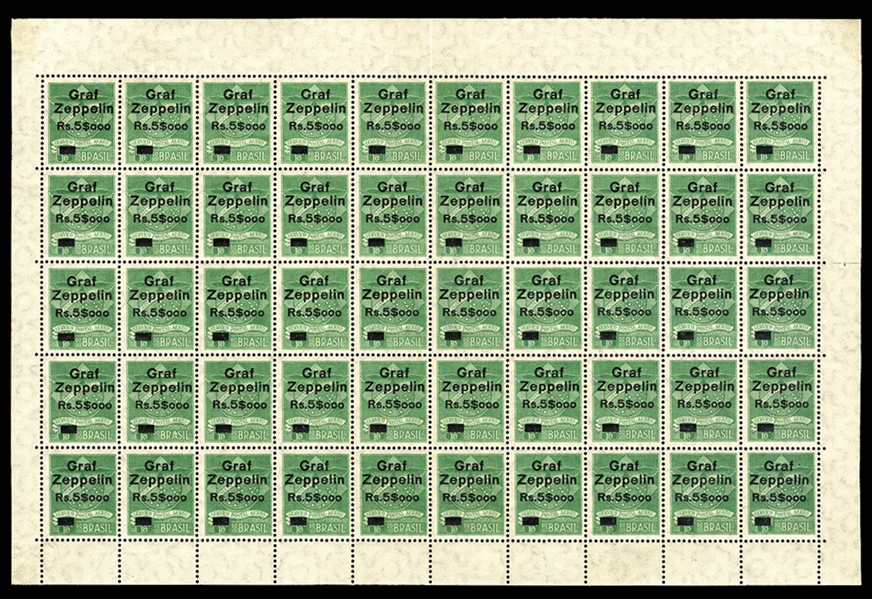 BRAZIL Air Post (4CL6) 1930 surcharged "Rs.5$ooo" and overprinted "Graf Zeppelin" on 1,300rs blue green, sheet of 50, l.h. in margin, stamps n.h., v.f., rare sheet, cat. $4,500