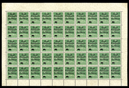 BRAZIL Air Post (4CL6) 1930 surcharged "Rs.5$ooo" and overprinted "Graf Zeppelin" on 1,300rs blue green, sheet of 50, l.h. in margin, stamps n.h., v.f., rare sheet, cat. $4,500